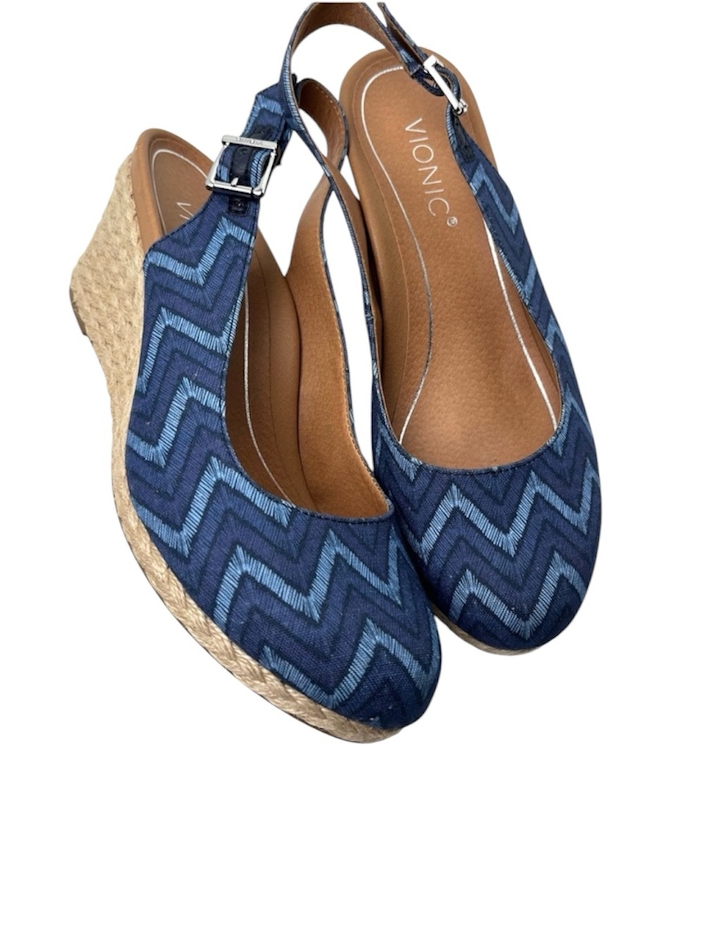 Vionic Coralina Blue Chevron Slingback Espadrille Summer Wedges